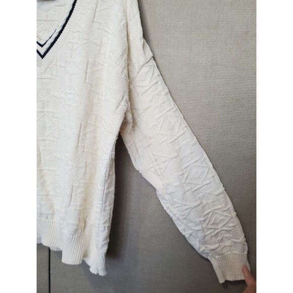 Peconic Bay Traders Cotton Off-White V-Neck 3D-Knit Sweater Size XL Vintage - Picture 2 of 7